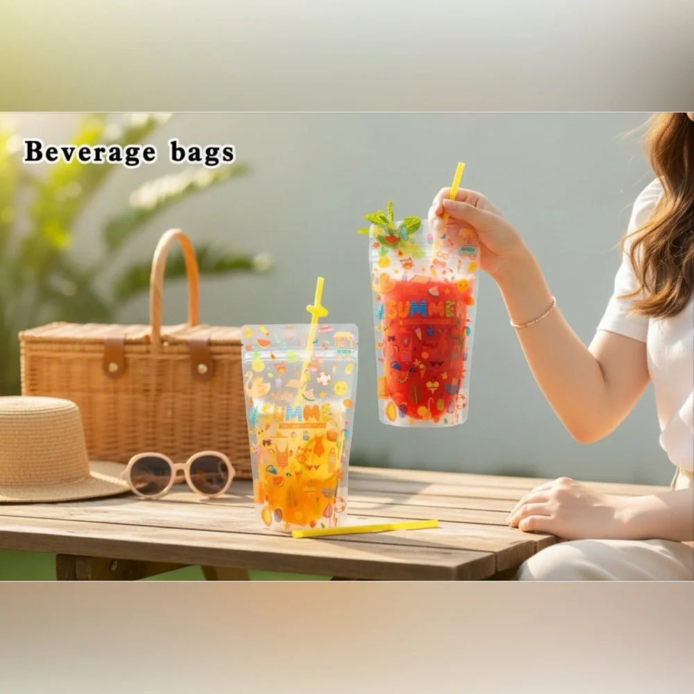 25 Disposable Plastic Beverage Pouches with Zipper Seal & Straws - Picture 6 of 6